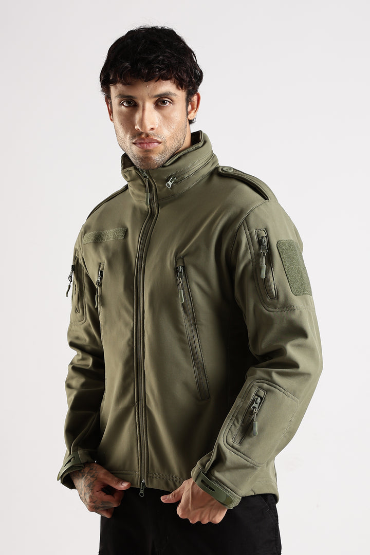 Tactical Softshell Military Jacket with Shoulder Flaps - Olive Green