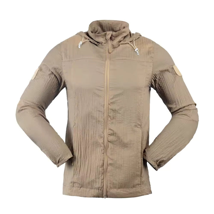 Brown tactical jacket with a hood on a white background