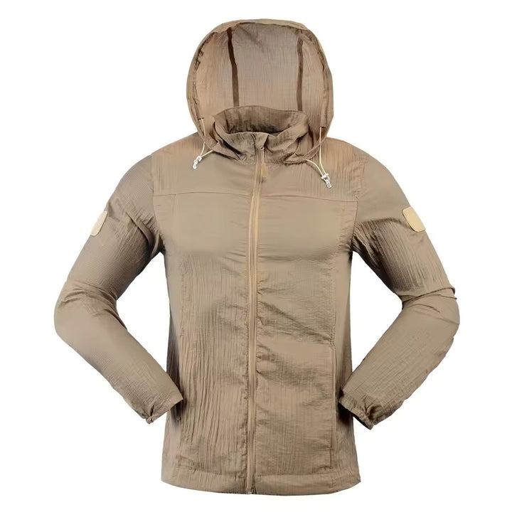 Tan tactical jacket with a hood on a white background