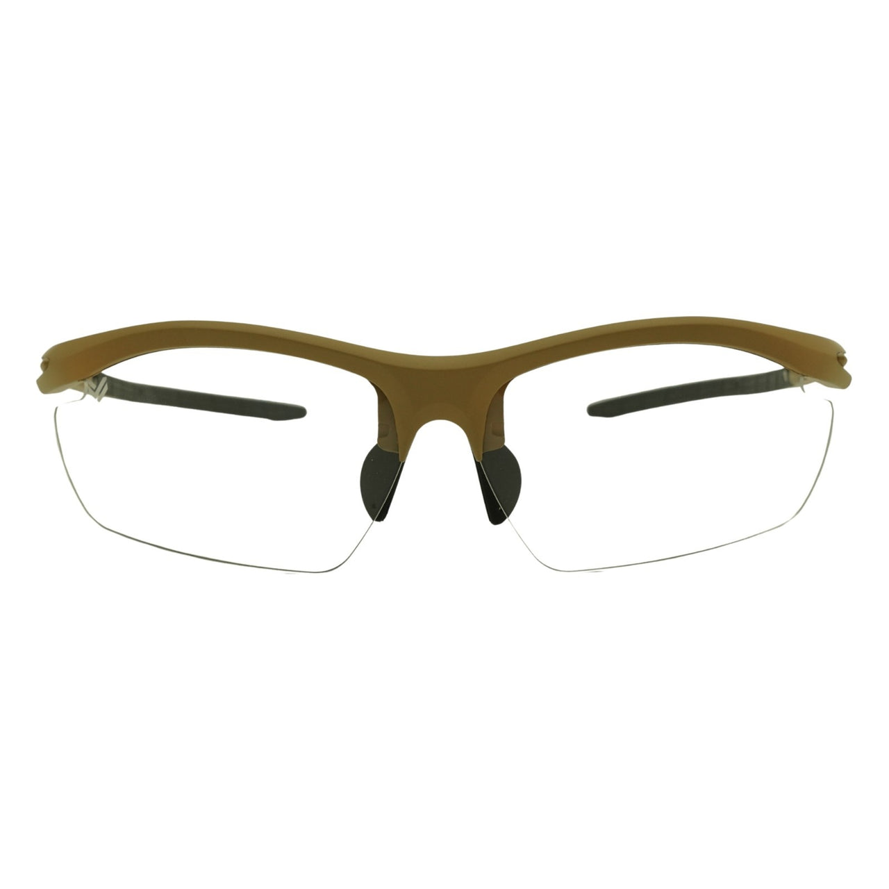 Front view of Tactiv Clearline Tan sunglasses with clear lens and black accents on a white background