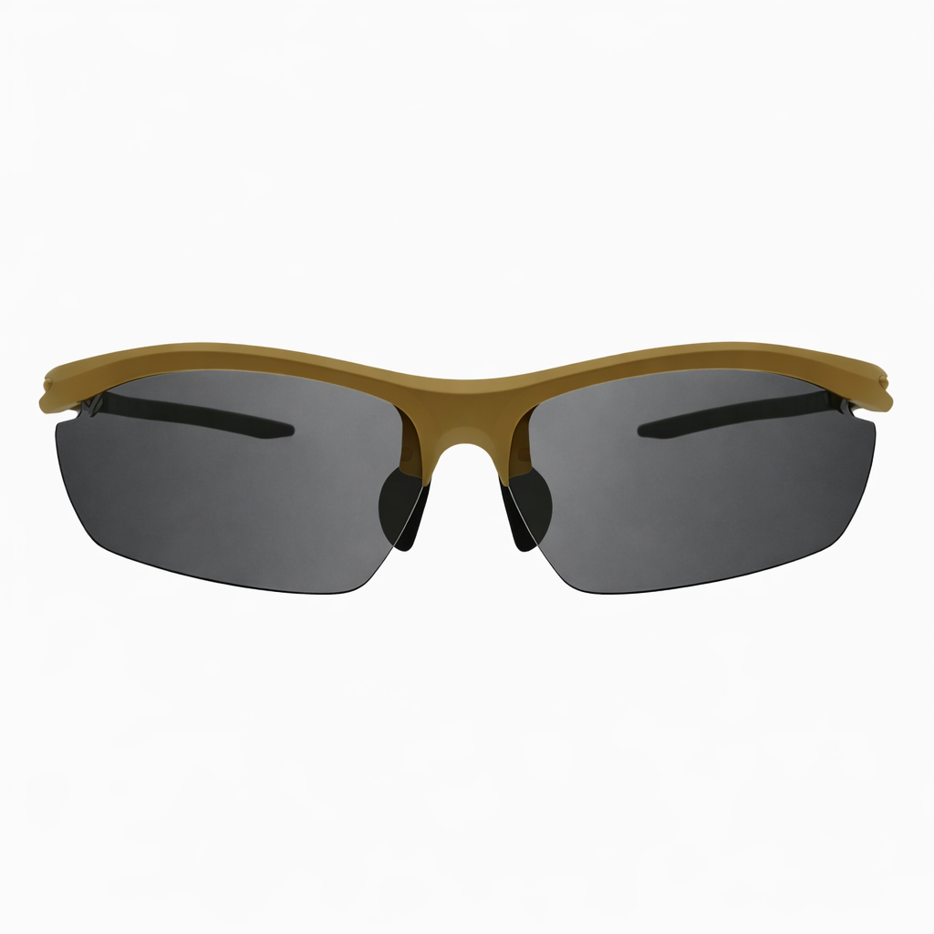 Front view of Tactiv Clearline Tan sunglasses with dark lens and black accents on a white background