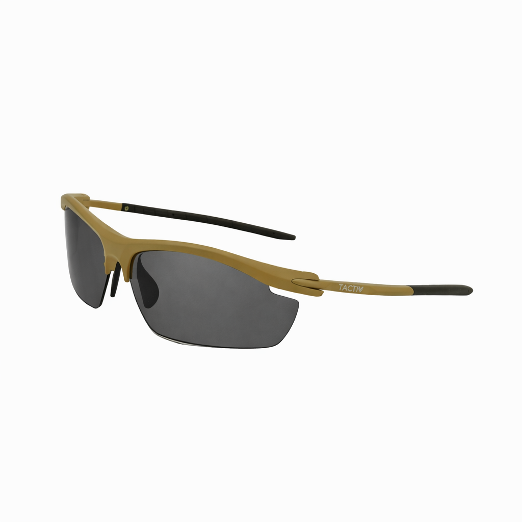Left side view of Tactiv Clearline Tan sunglasses with dark lens and black accents on a white background