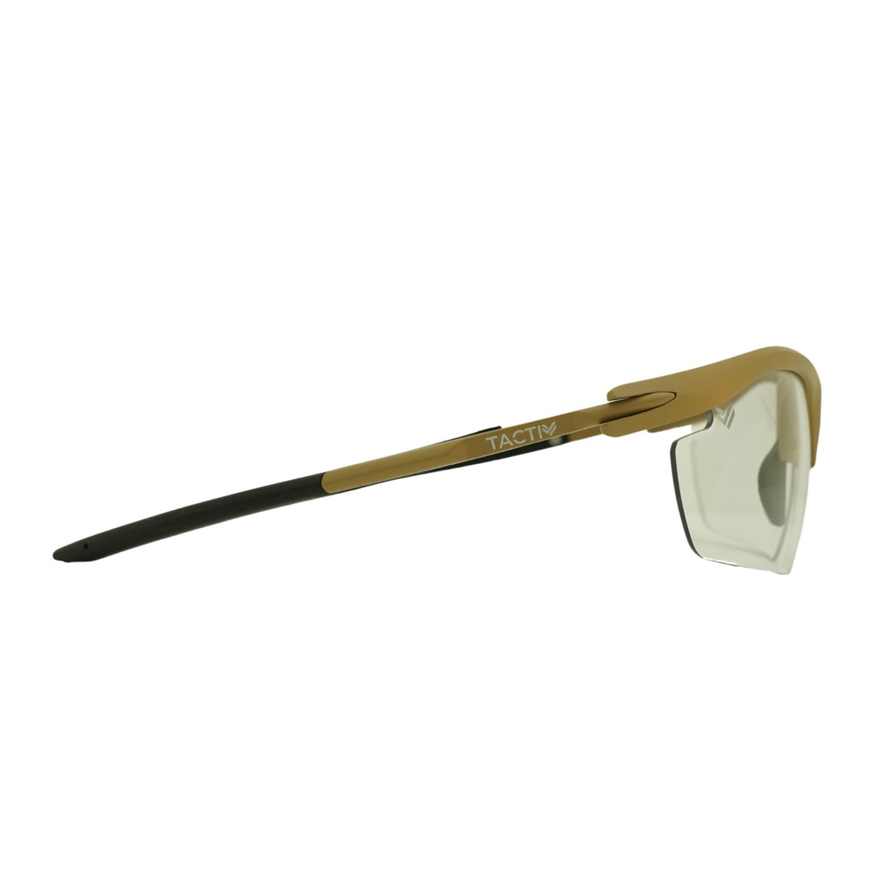 Side view of Tactiv Clearline Tan sunglasses with clear lens and black accents on a white background