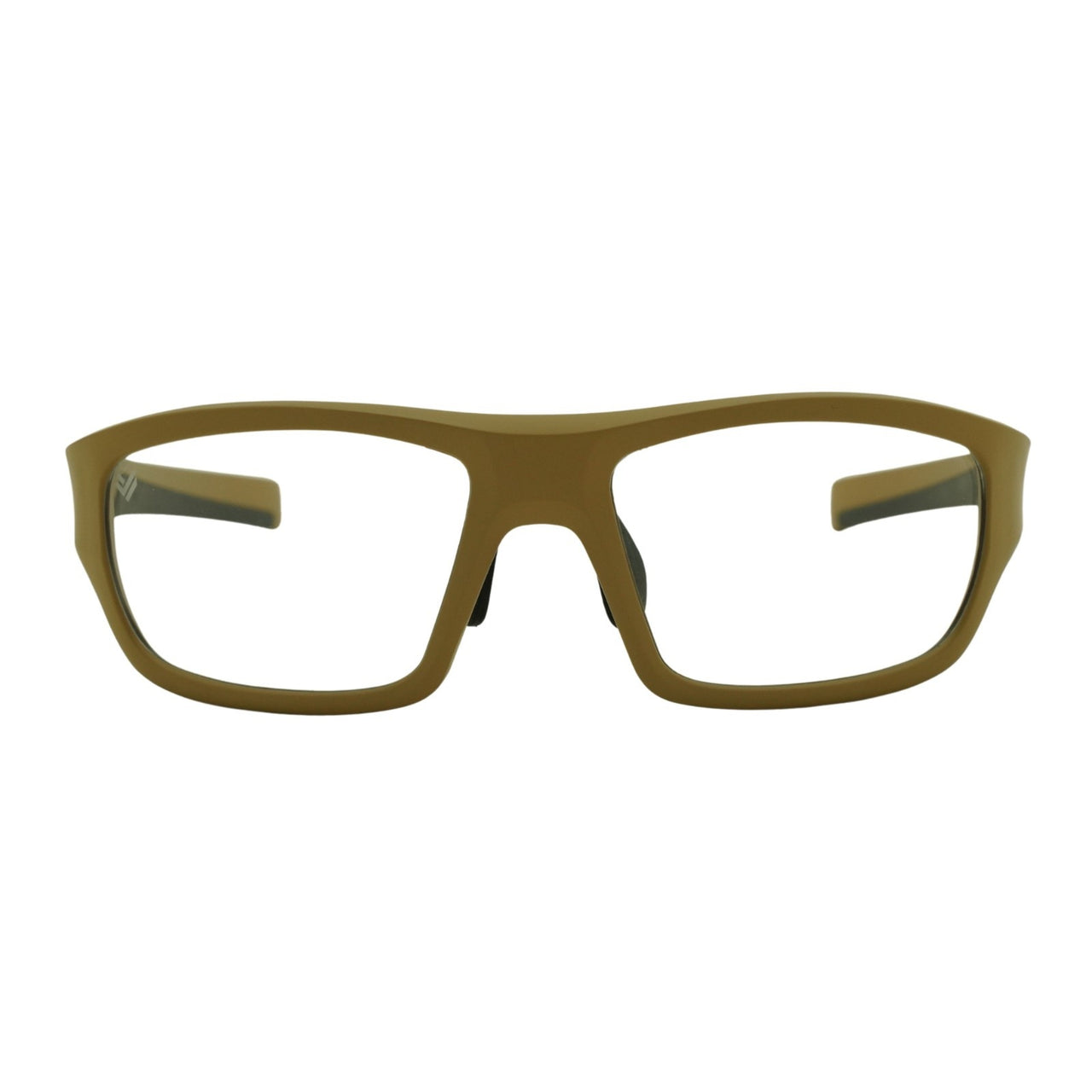 Front view of Tactiv Corsair Tan sunglasses with clear lens and black accents on a white background