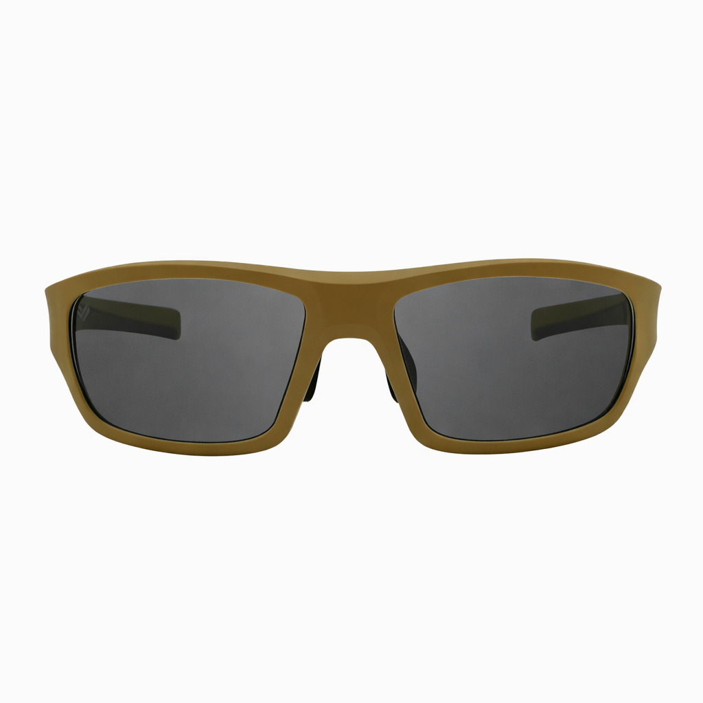 Front view of Tactiv Corsair Tan sunglasses with dark lens and black accents on a white background