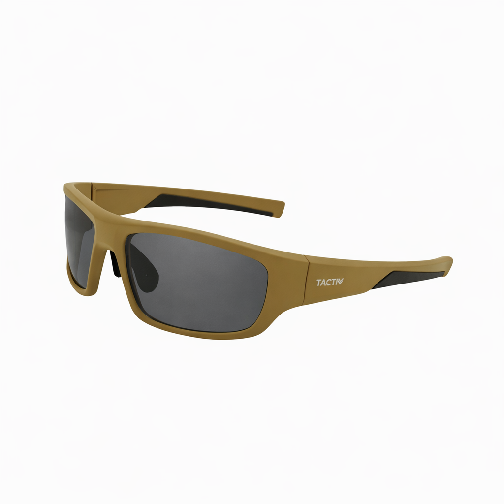 Left side view of Tactiv Corsair Tan sunglasses with dark lens and black accents on a white background