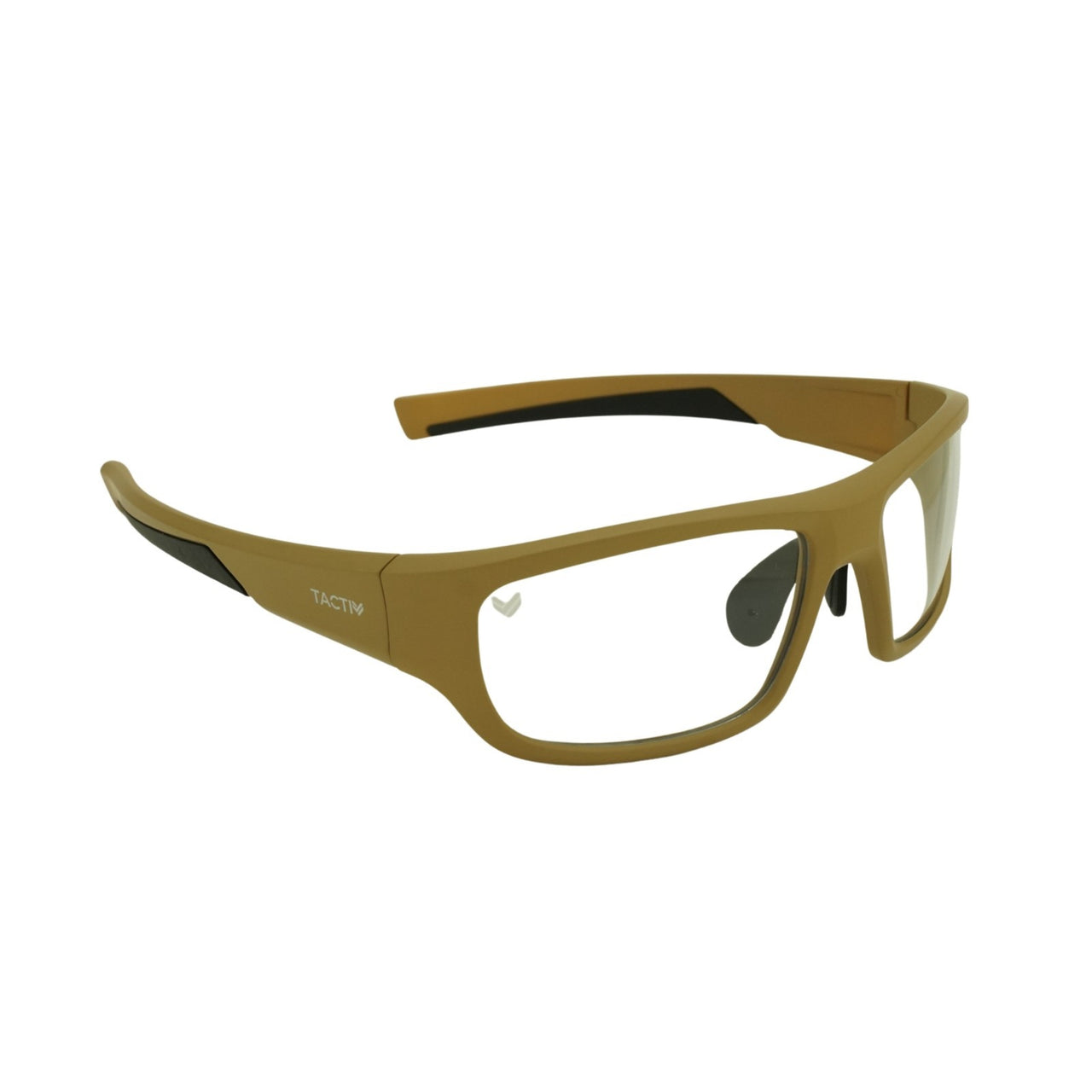 Right side view of Tactiv Corsair Tan sunglasses with clear lens and black accents on a white background
