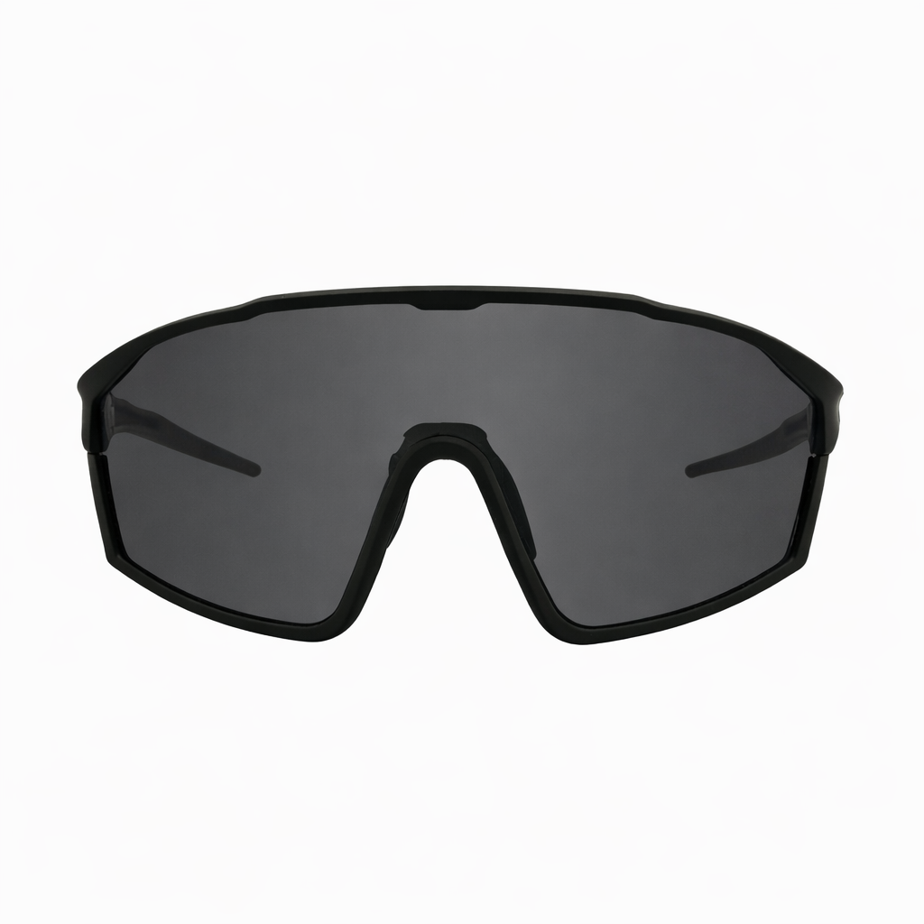 Front view of Tactiv overwatch black photochromic eye shield with dark lens  on a white background