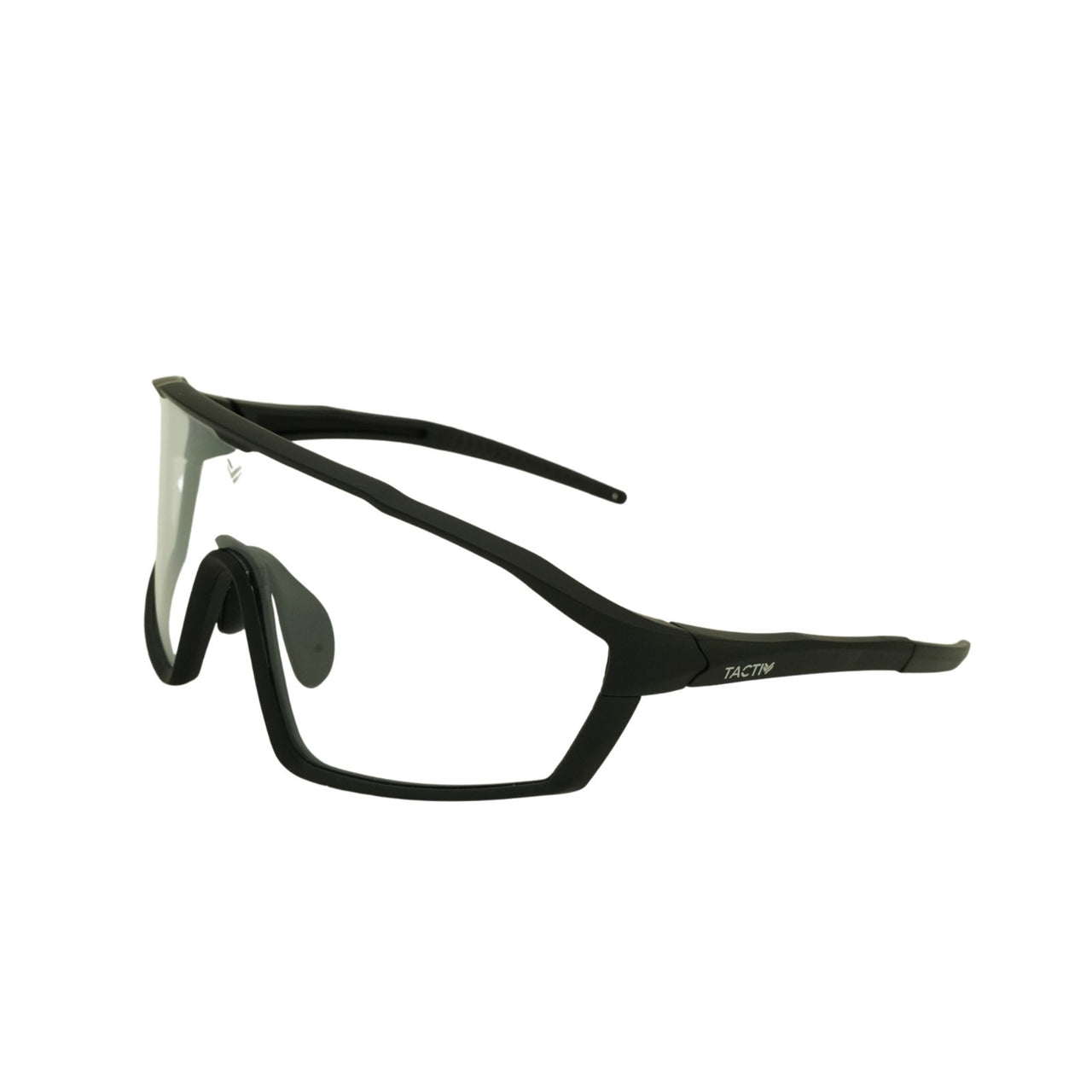 Left side angle view of Tactiv overwatch black photochromic eye shield on a white background