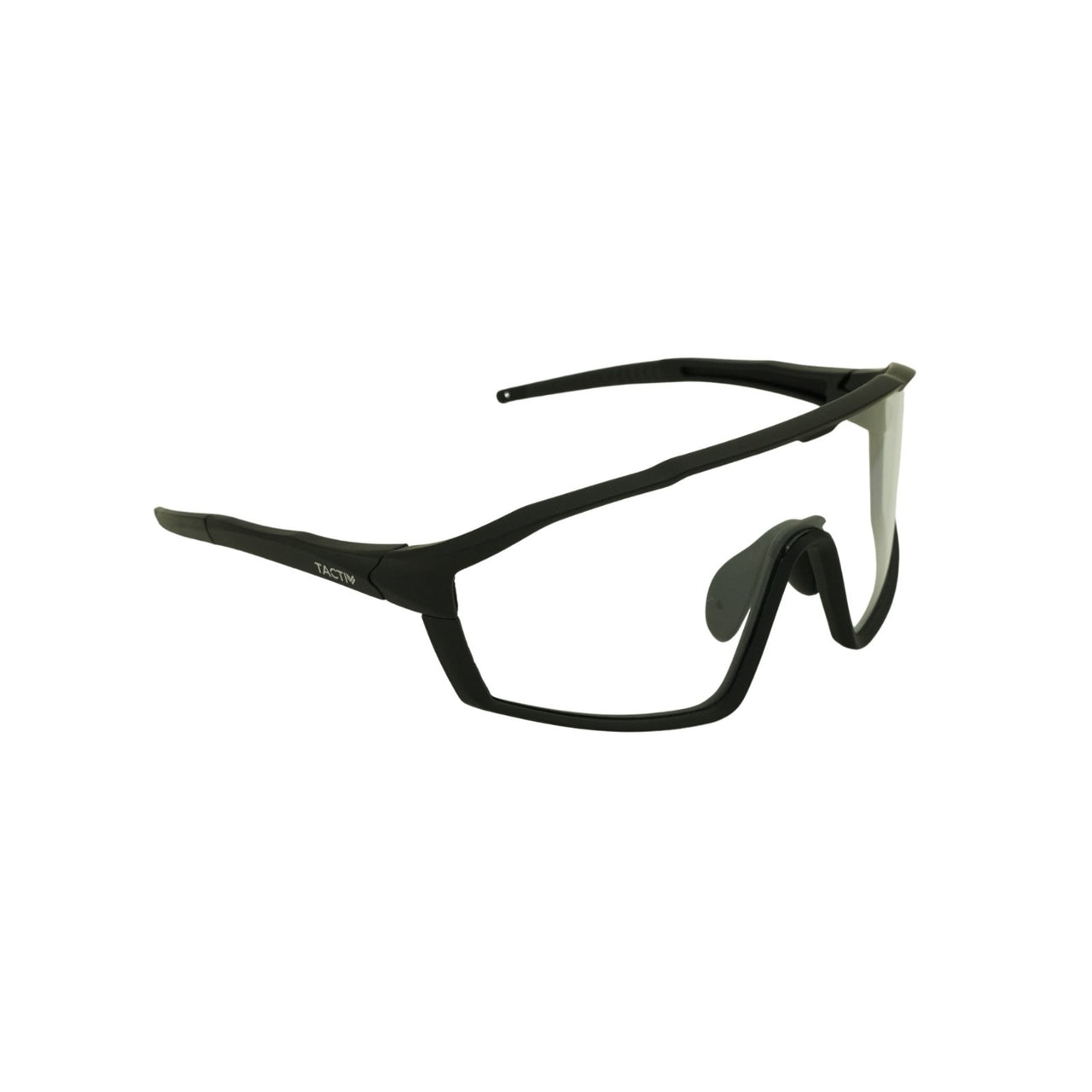 Right side angle view of Tactiv overwatch black photochromic eye shield on a white background