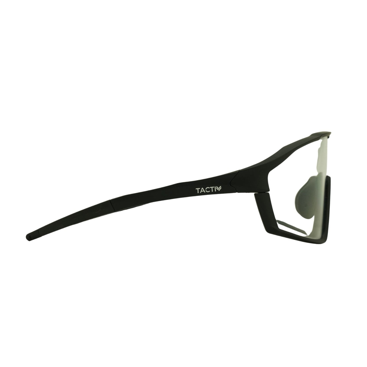 Side view of Tactiv overwatch black photochromic eye shield on a white background