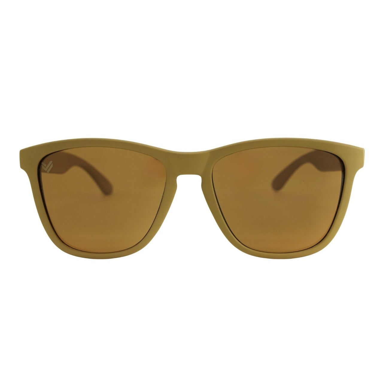 Front view of desert tan colour wayfarer with a brown tint polarised lens on white background.