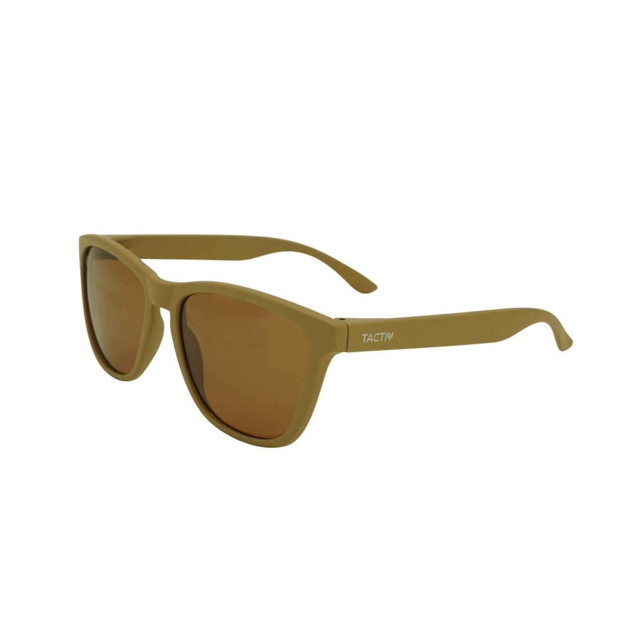 Left angle view of desert tan colour wayfarer with a brown tint polarised lens on white background.