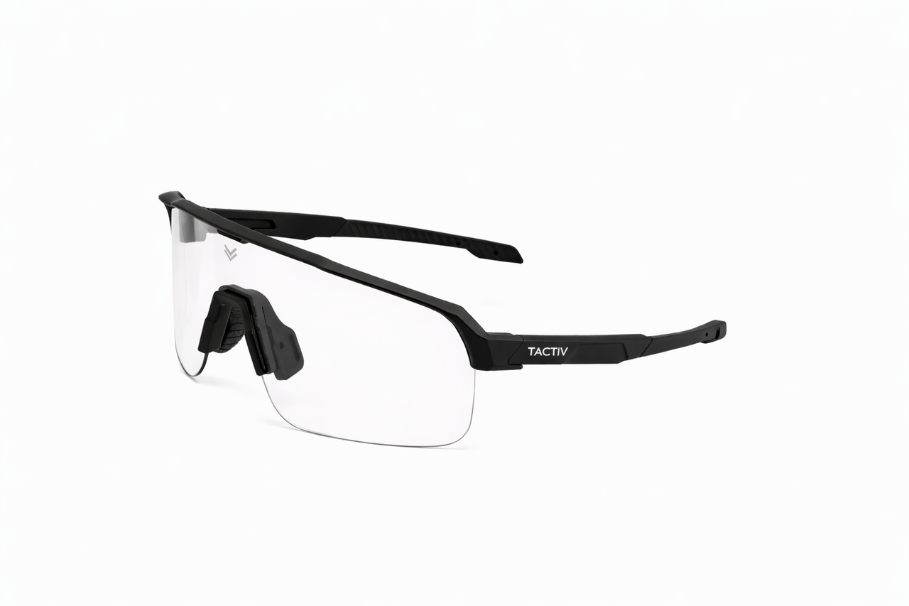 Left side angle view of Tactiv vantage black photochromic eye shield with clear lens on a white background
