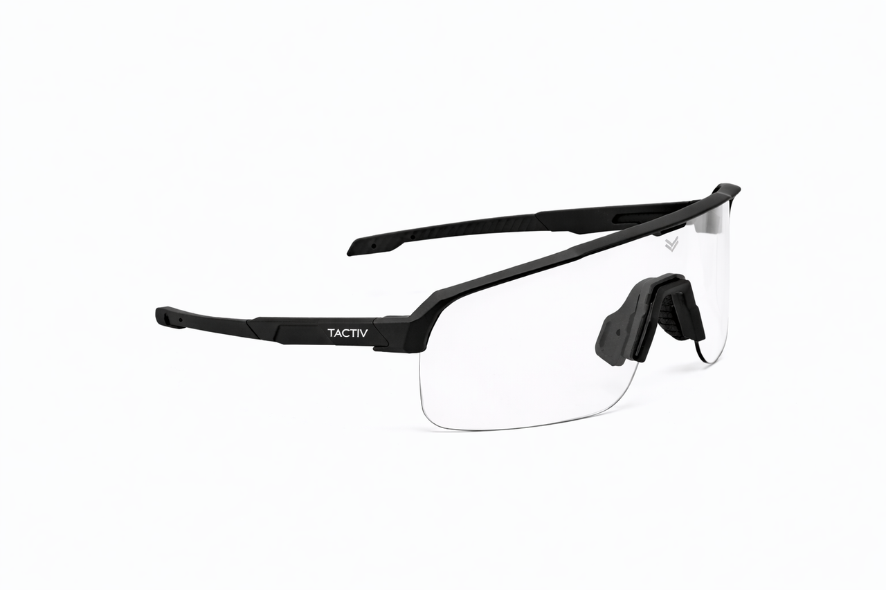 Right side angle view of Tactiv Vantage black photochromic eye shield on a white background