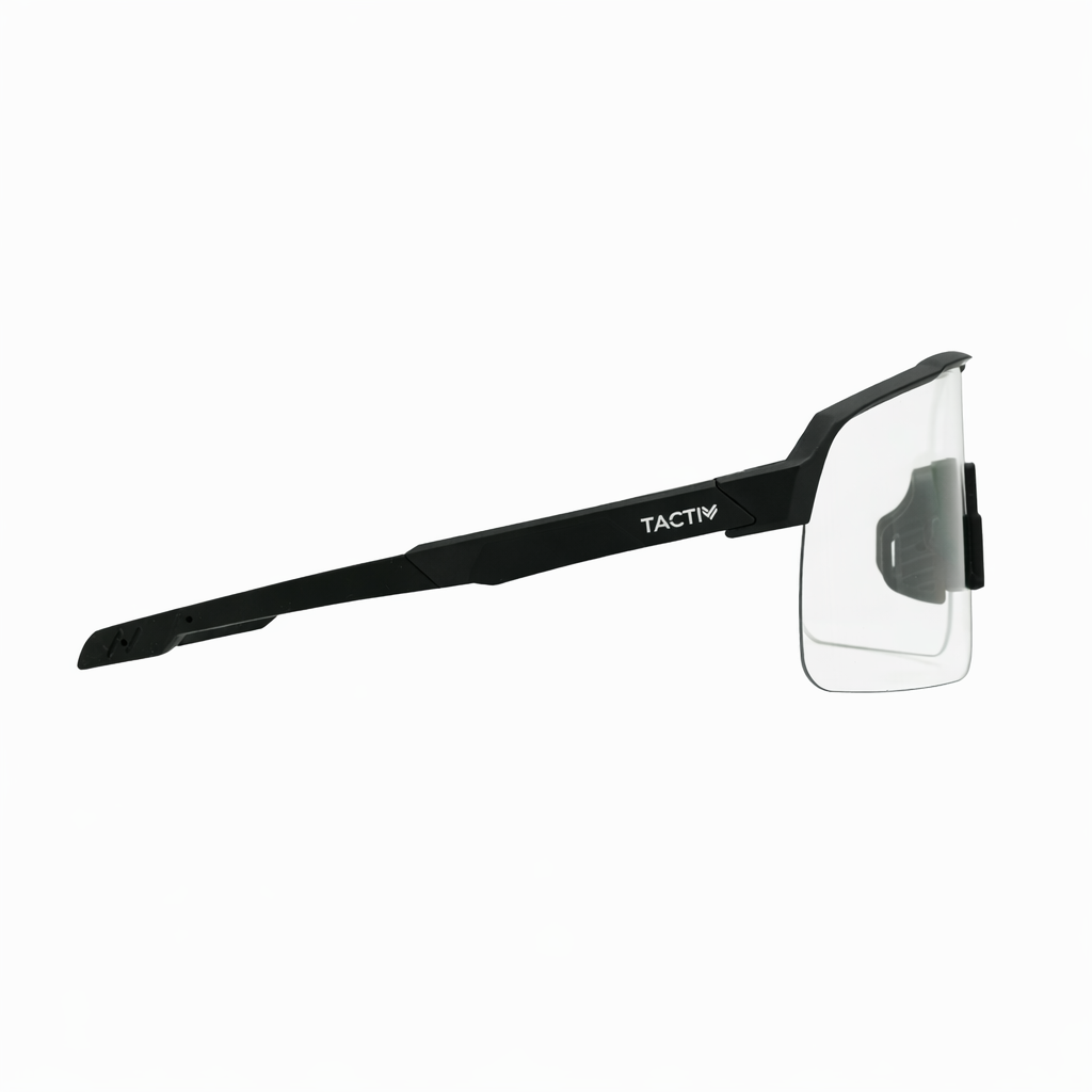 Side view of Tactiv vantage black photochromic eye shield on a white background