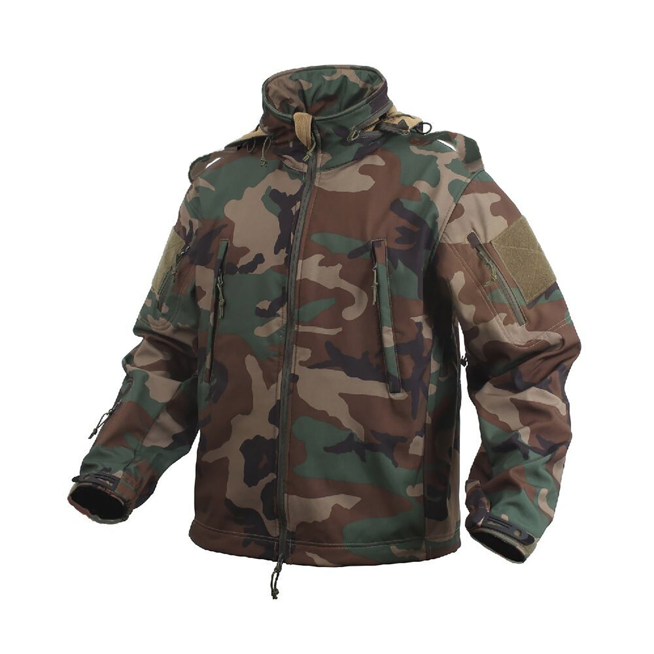 Tactical Softshell Jacket with Shoulder Flaps - Woodland Camo